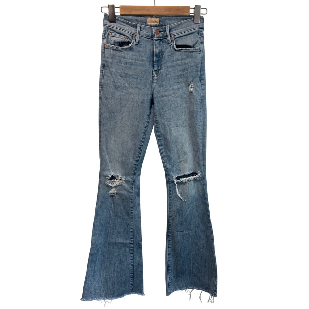 Mother The Weekender Fray Dreamer Blue Distressed Mid Rise Flare Jeans Womens 25 - Picture 1 of 9